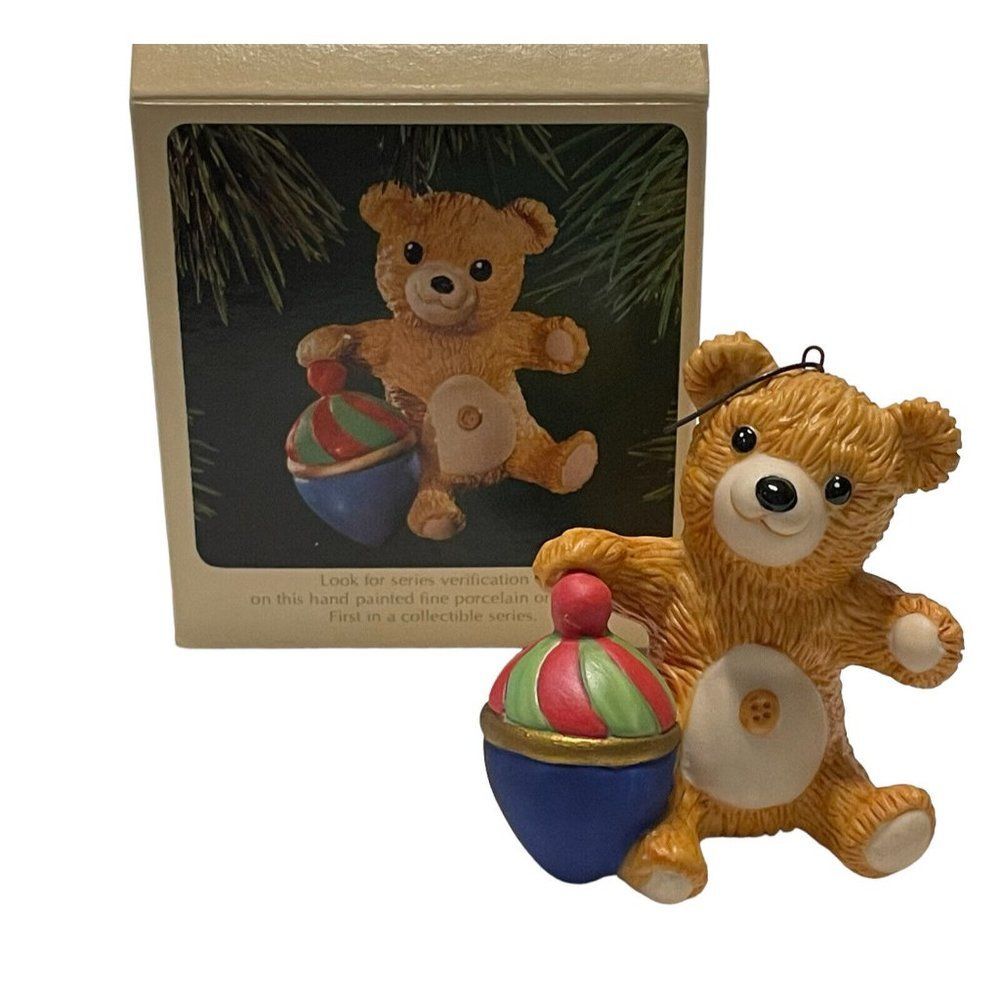 Hallmark 1983 Cinnamon Bear 1st Bear with Top Christmas Ornament Porcelain
